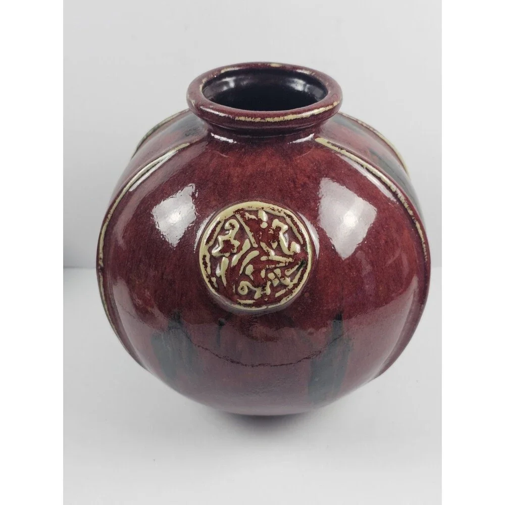 Vintage Oxblood Chinese Medallion Large Round Red Glossy Stoneware Vase